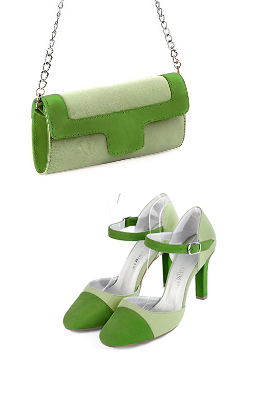 Women's meadow green and grass green luxurious elegant clutch for ceremonies, weddings and evenings out. - Worn view